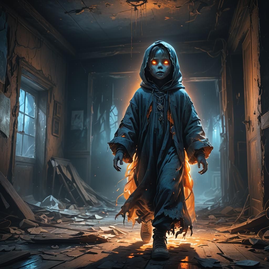 Ethereal Child Ghost in Abandoned Room: Digital Art
