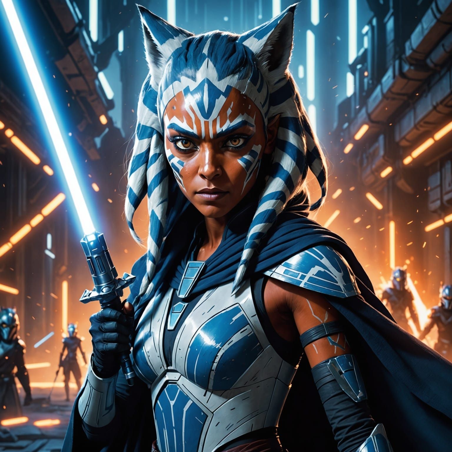 Ahsoka Tano Dark Double Exposure Illustration in Cyberpunk S...