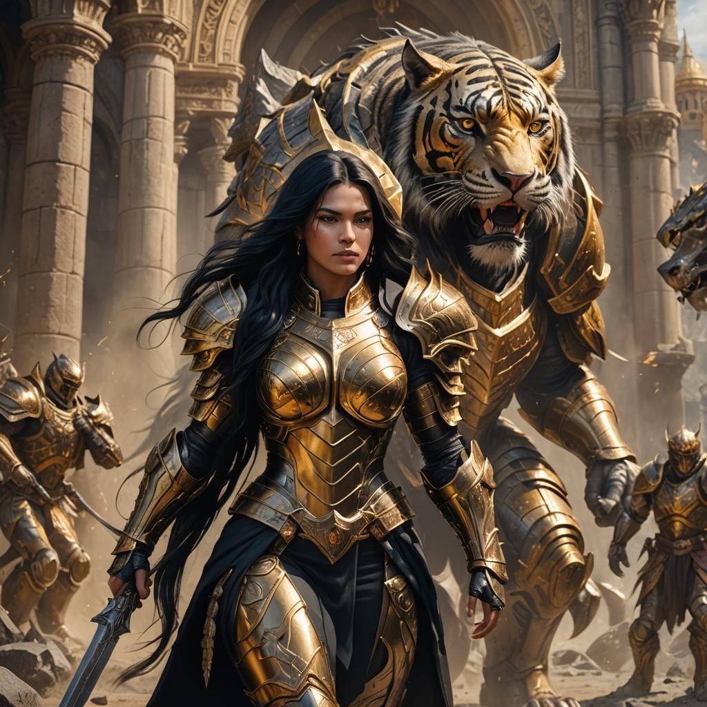 Latina Paladin with War Tiger in Fantasy Art Style