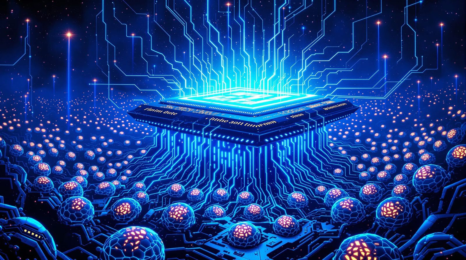 Colossal Glowing CPU with Electronic Tentacles in Comic Styl...