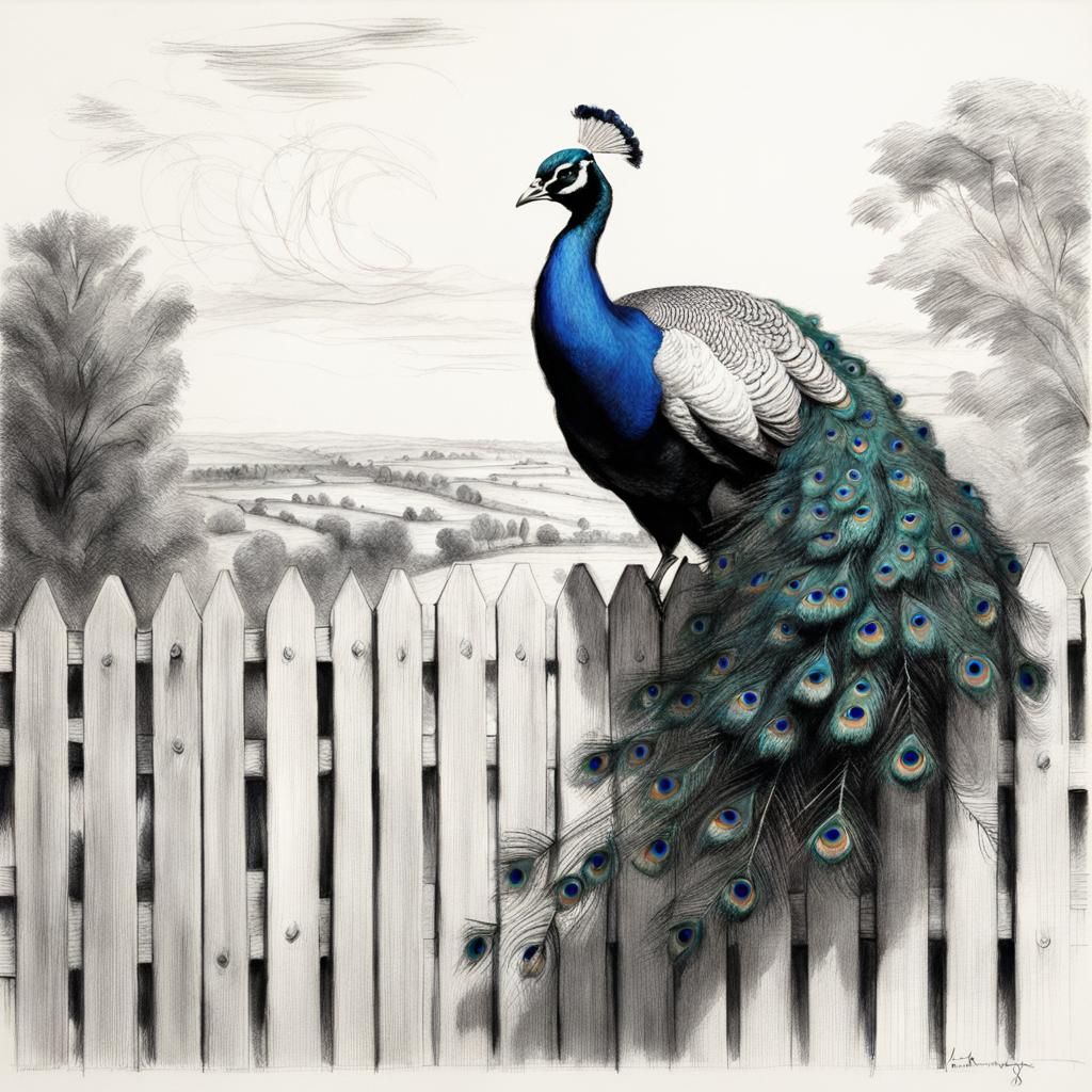 Peacock Pencil Illustration on Fence