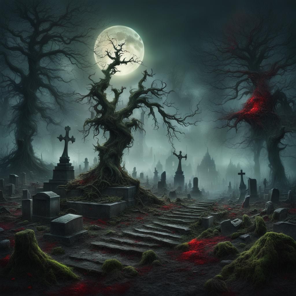 Eerie Skeletons Rise Under Blood Moon: Digital Painting