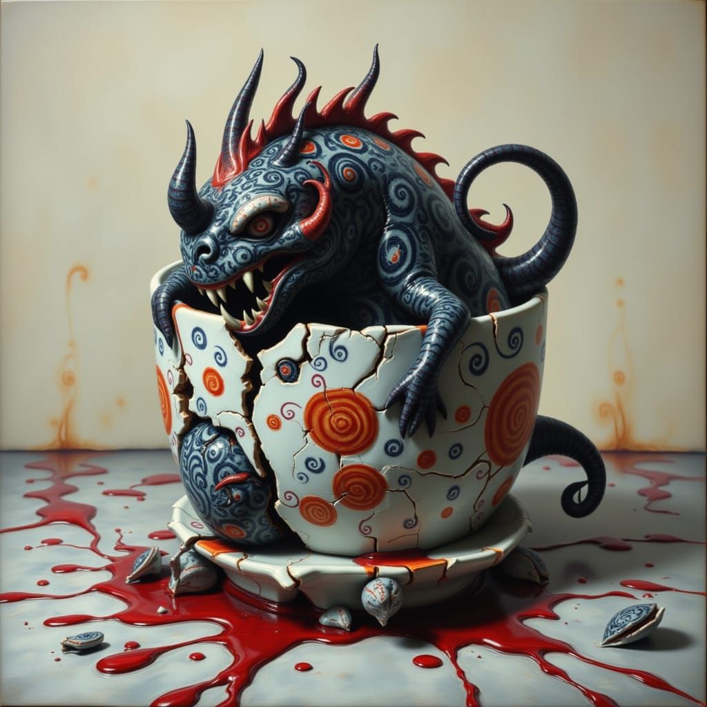 Small Black Chinese Dragon in a Teacup