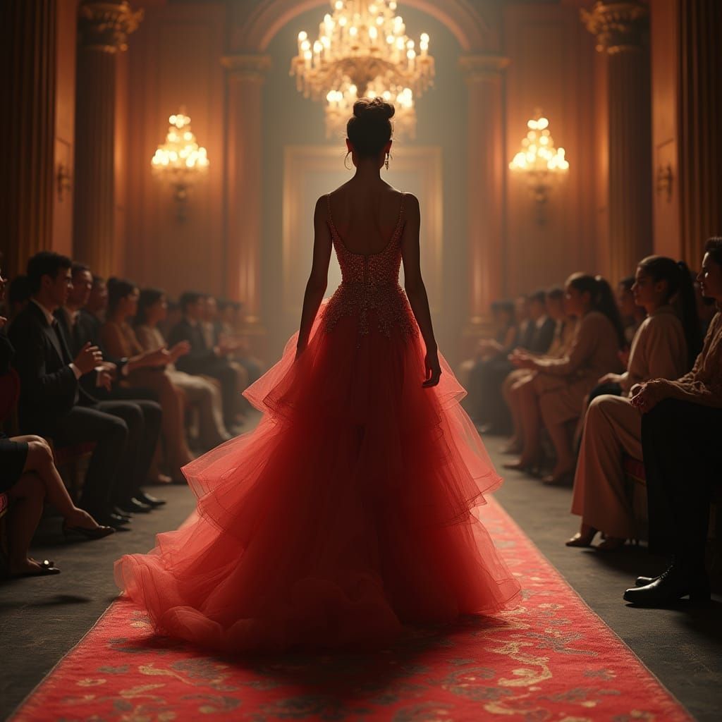 Elegant Top Model Struts Down Grand Catwalk in Fantasy Ballr...