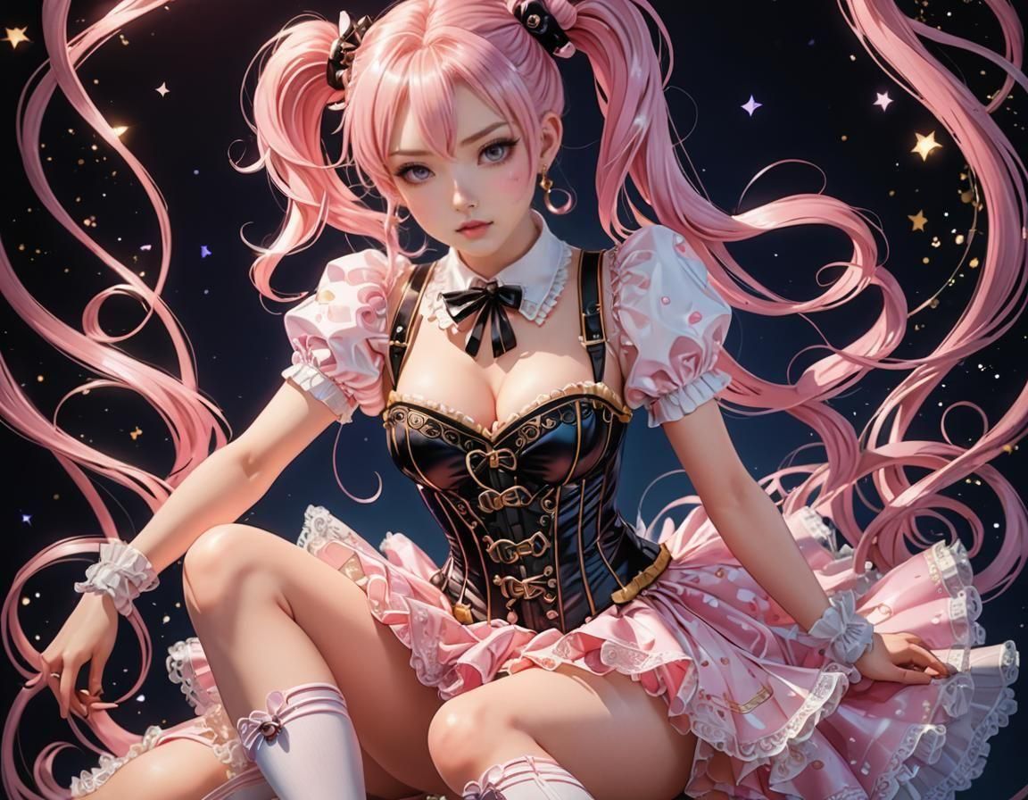 Pink Haired Woman in Kawaii Pose, Detailed Digital Art