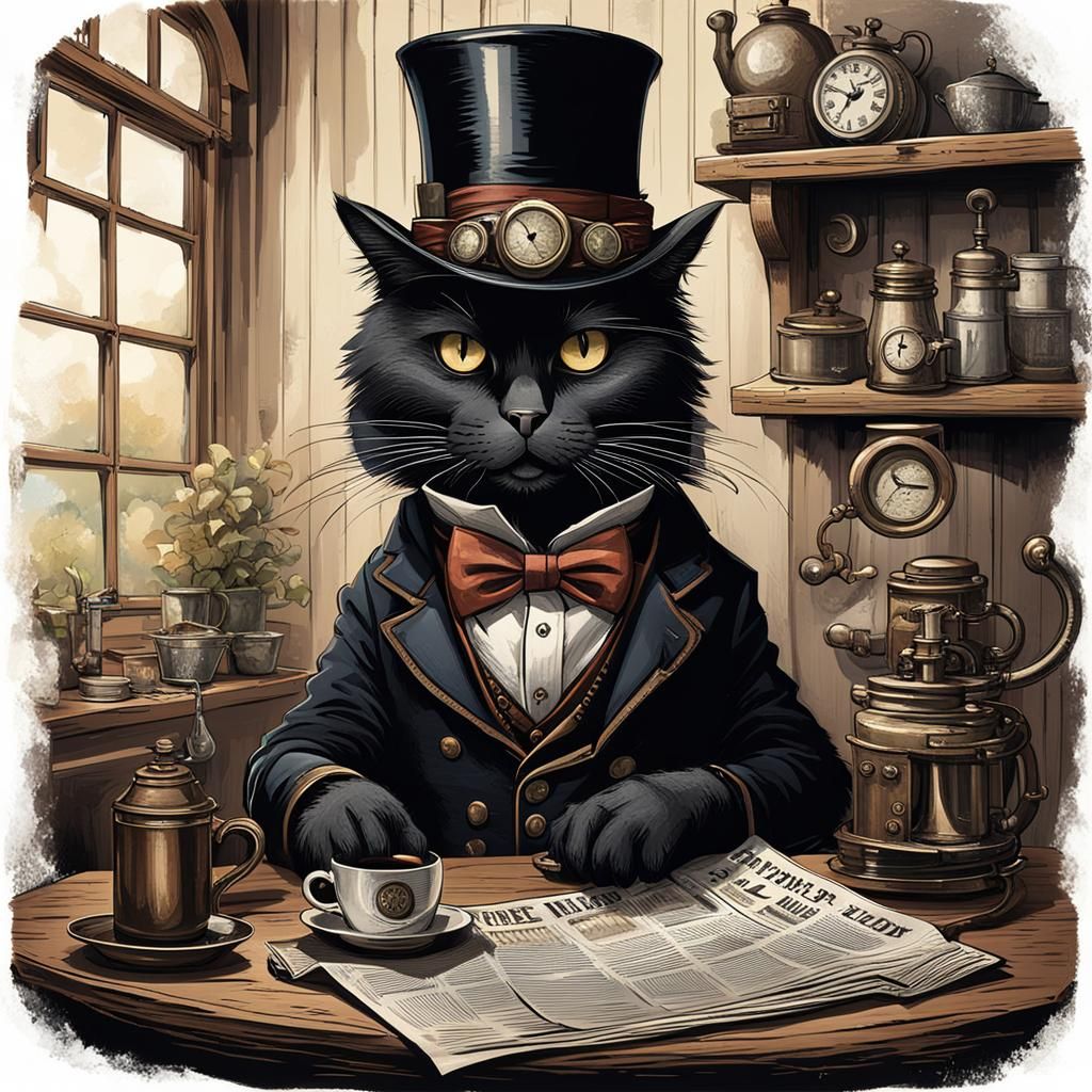 Steampunk Cat Reading Newspaper in Cottage