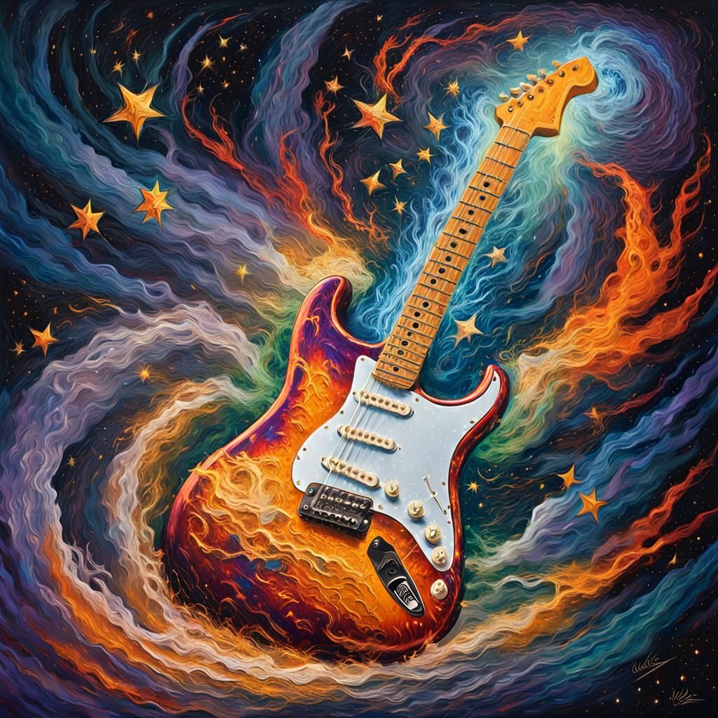 Electric Guitar on Fire in Space as Impasto Painting