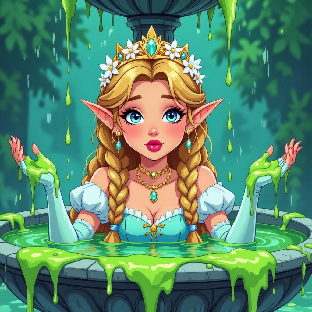 Princess Drenched in Slime Inside Gothic Fountain