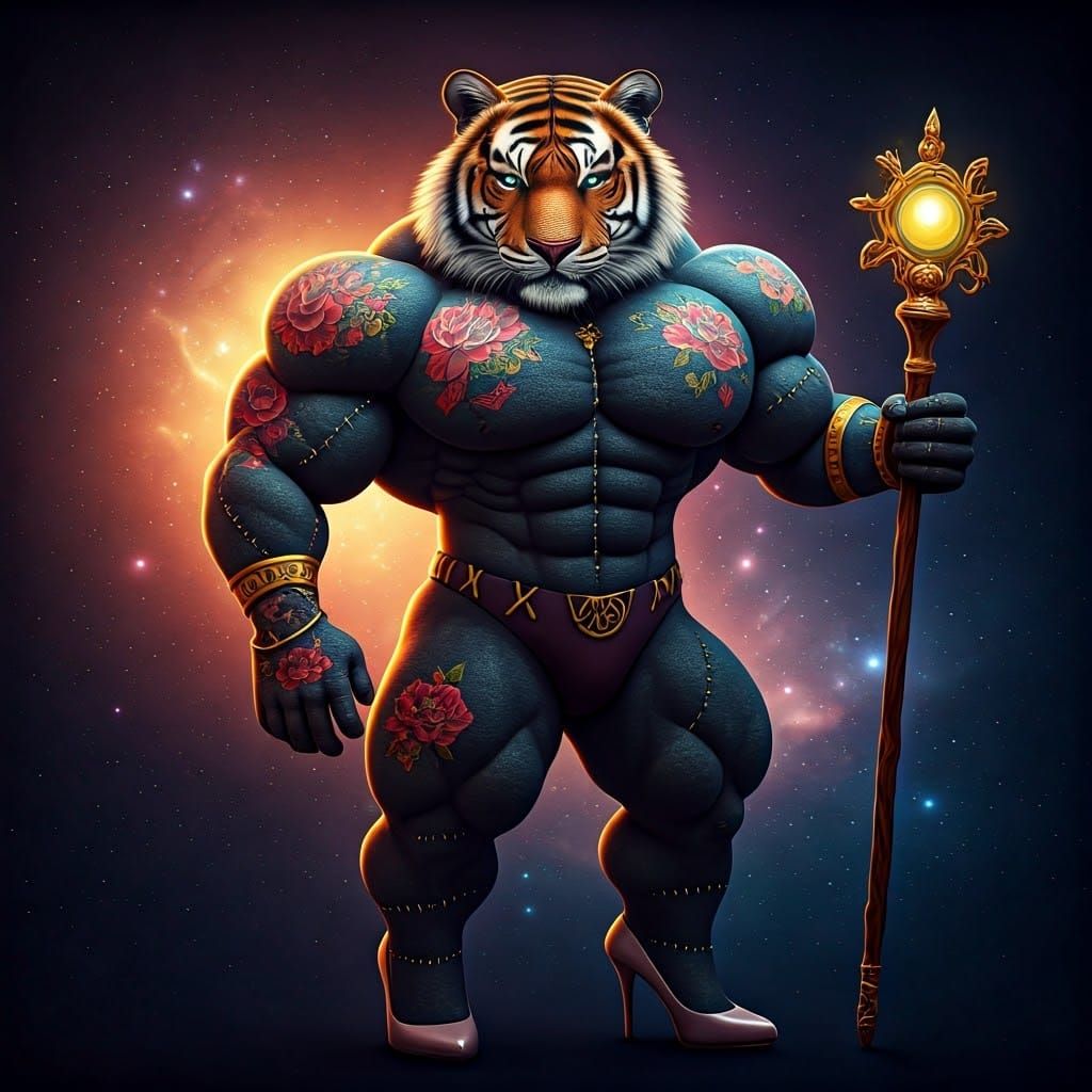 Fabric Tiger with Magic Staff in Cosmic Scene