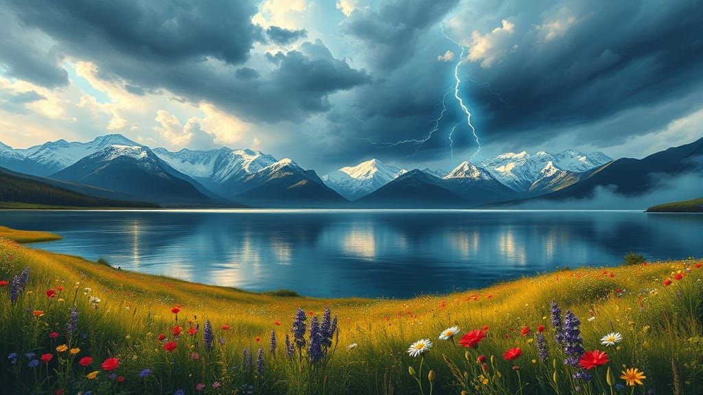 Serene Lake Amidst Turbulent Stormy Sky with Vibrant Wildflo...