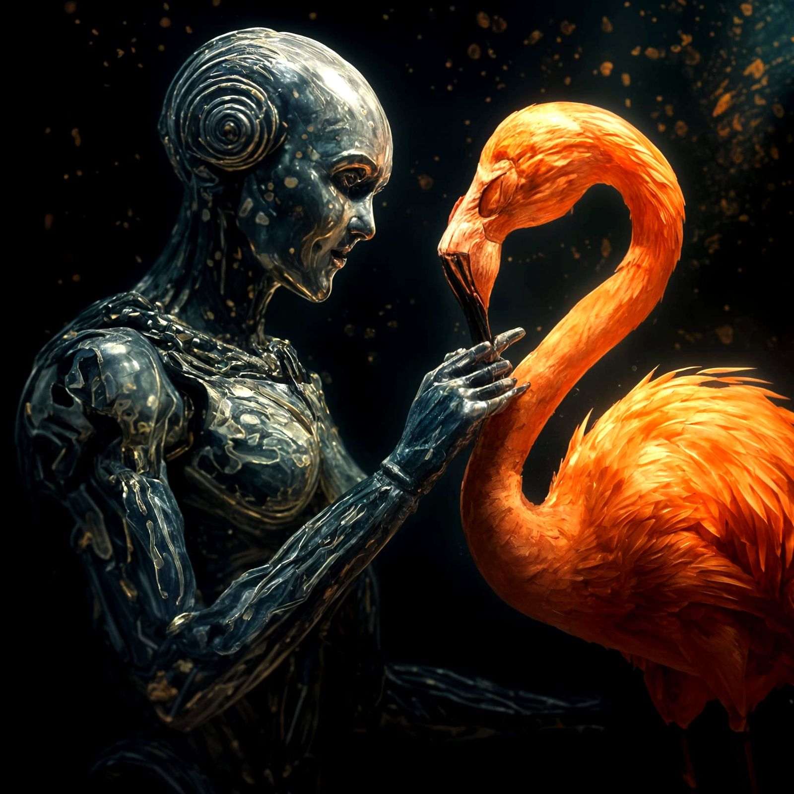 Robot Dances with Flamingo in Cyberpunk Style