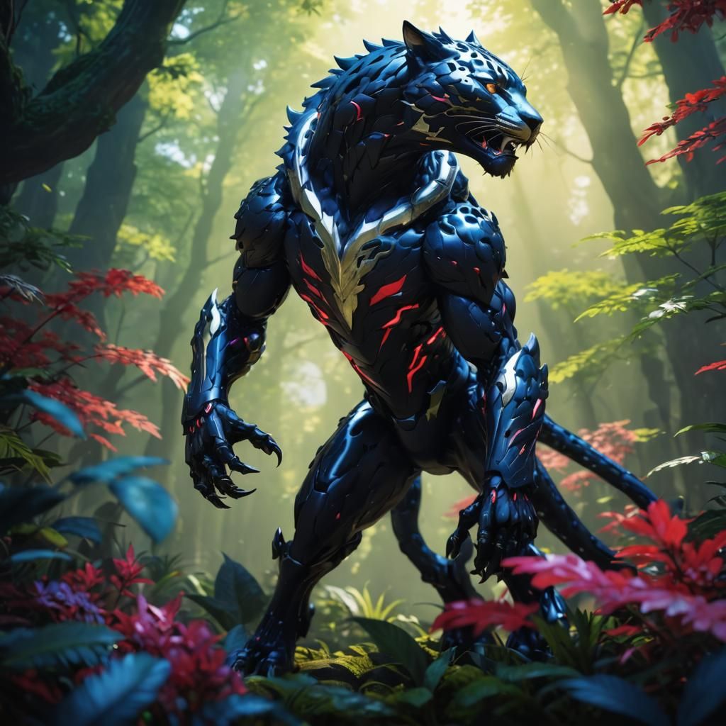 Anime 3d art, full-body shot. A bipedal humanoid jaguar-like monster. Close-up dynamic lighting. Highly textured, vibran...