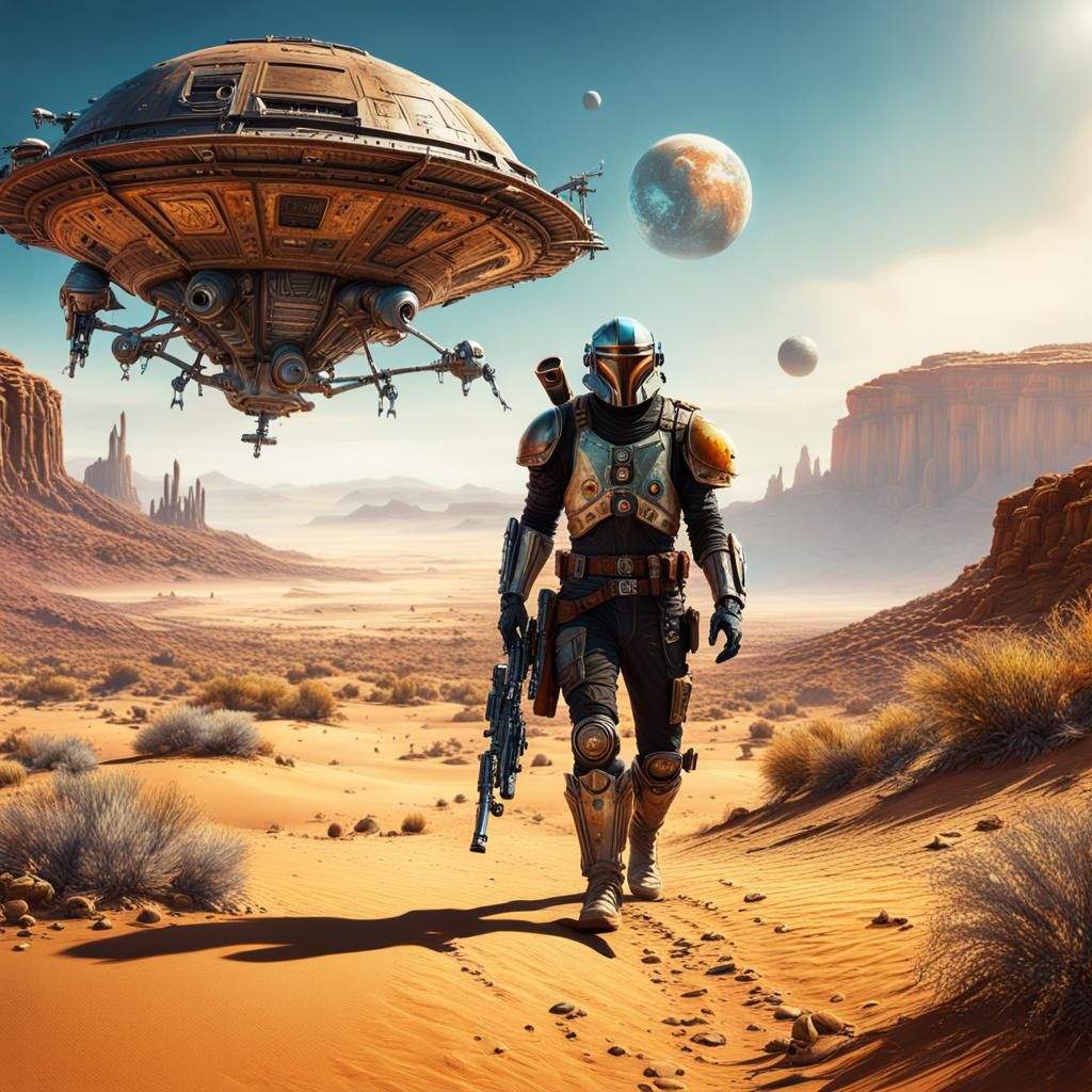 Steampunk Bounty Hunter on Alien Desert Trail