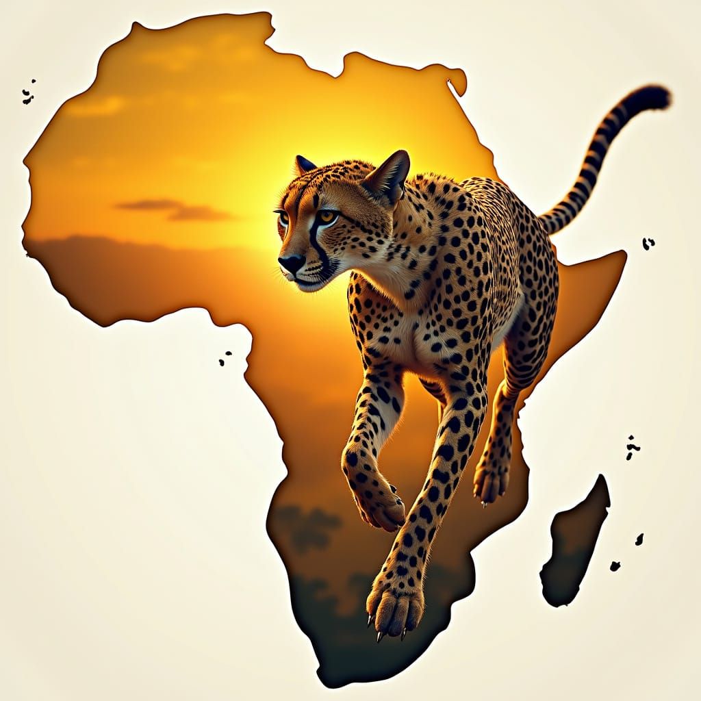 Cheetah Poised to Spring Within Africa Outline