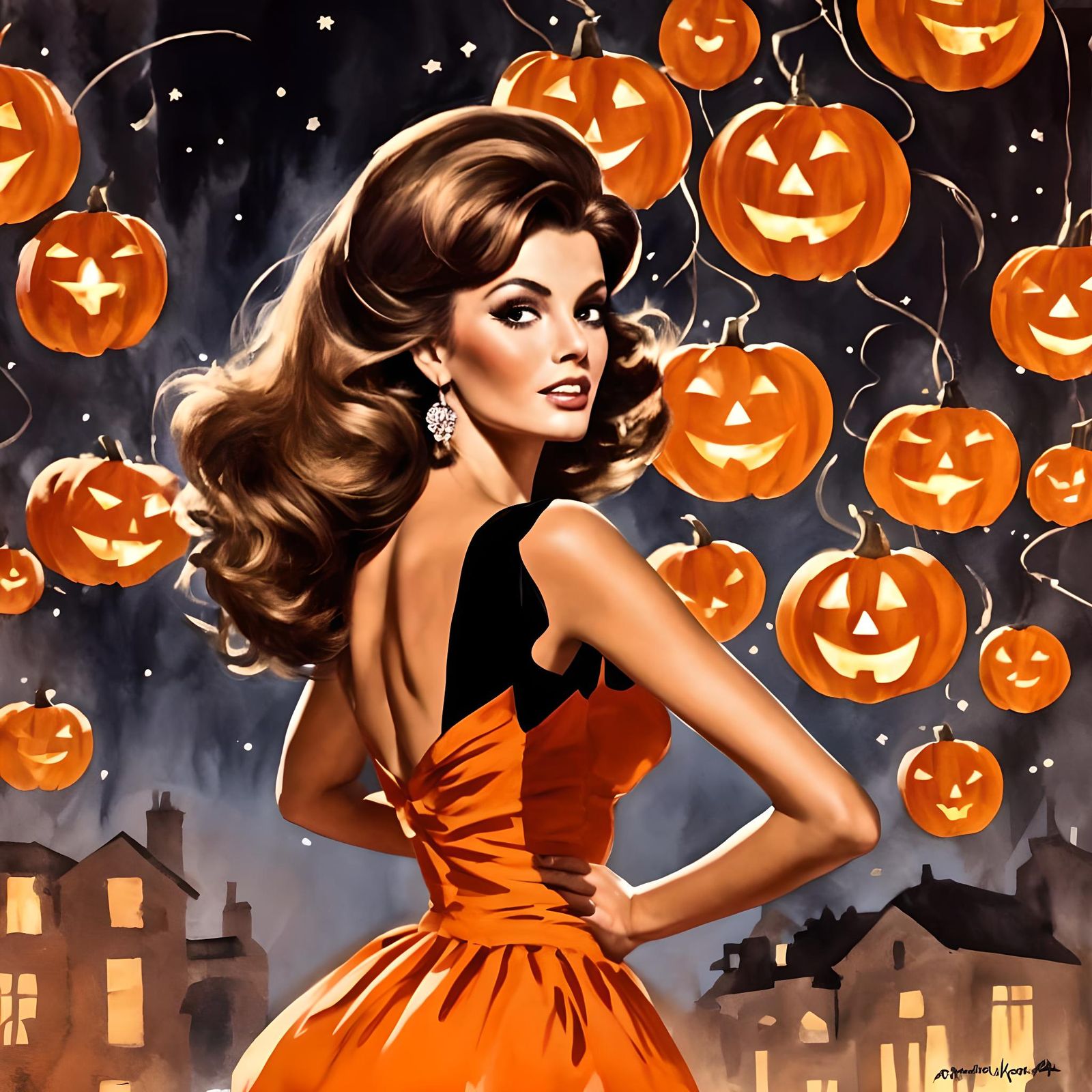 Raquel Welch Celebrates Halloween in Orange Dress