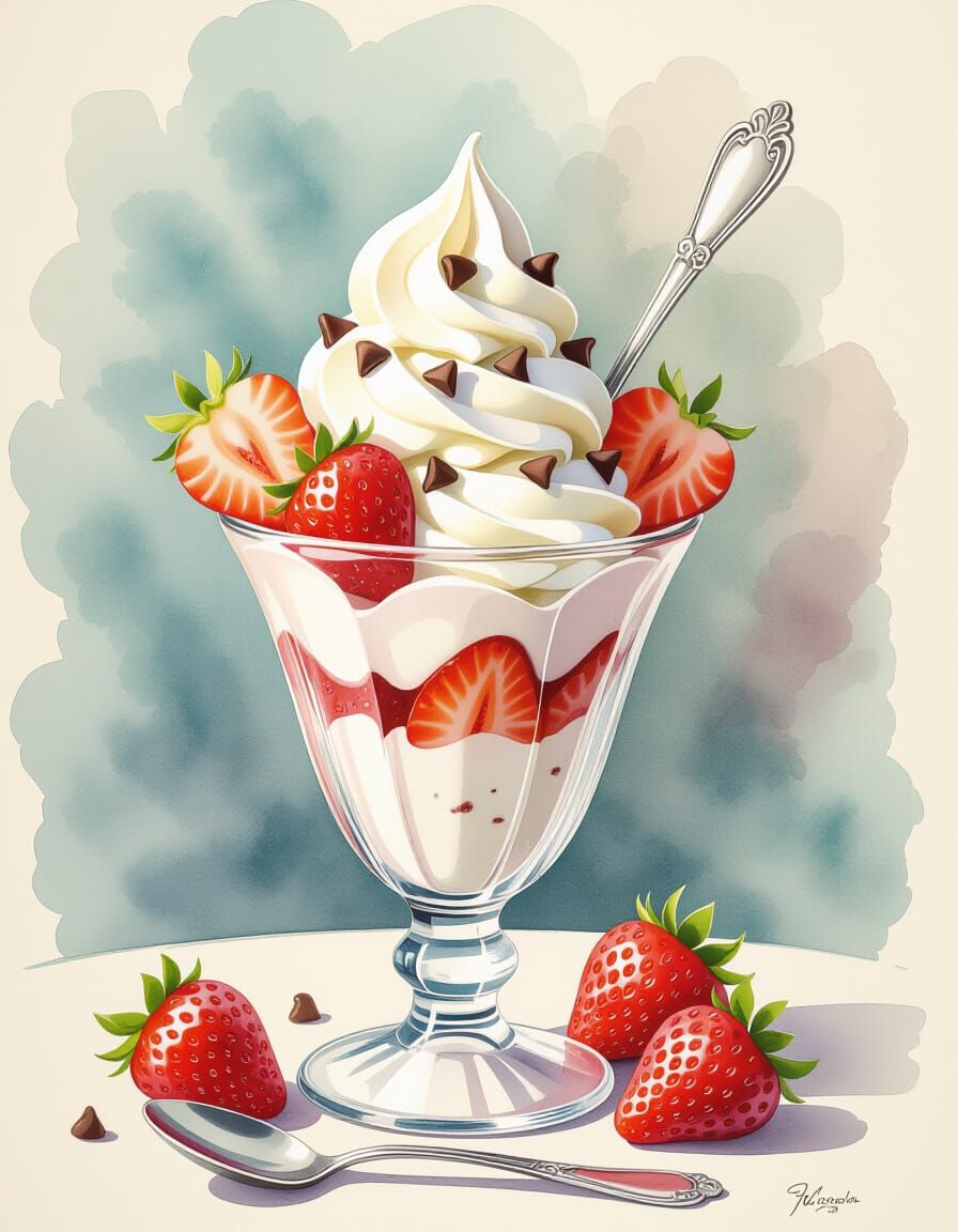 Mint Chocolate Chip Ice Cream Watercolor Parfait