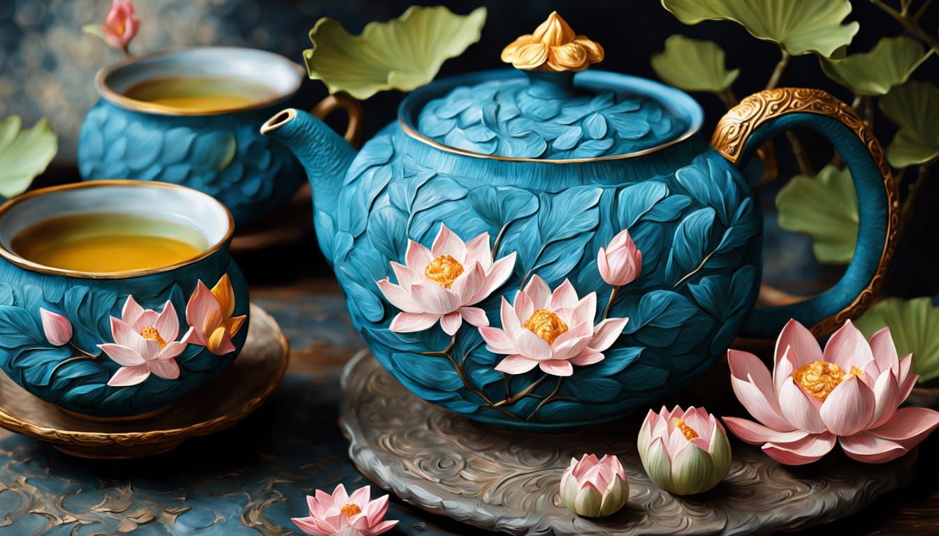 Vibrant East Asian Tea Set Impasto Oil Painting