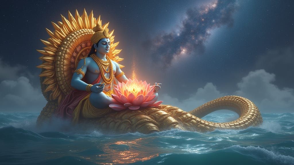 Cosmic Vishnu in Yoganidra on Adishesha