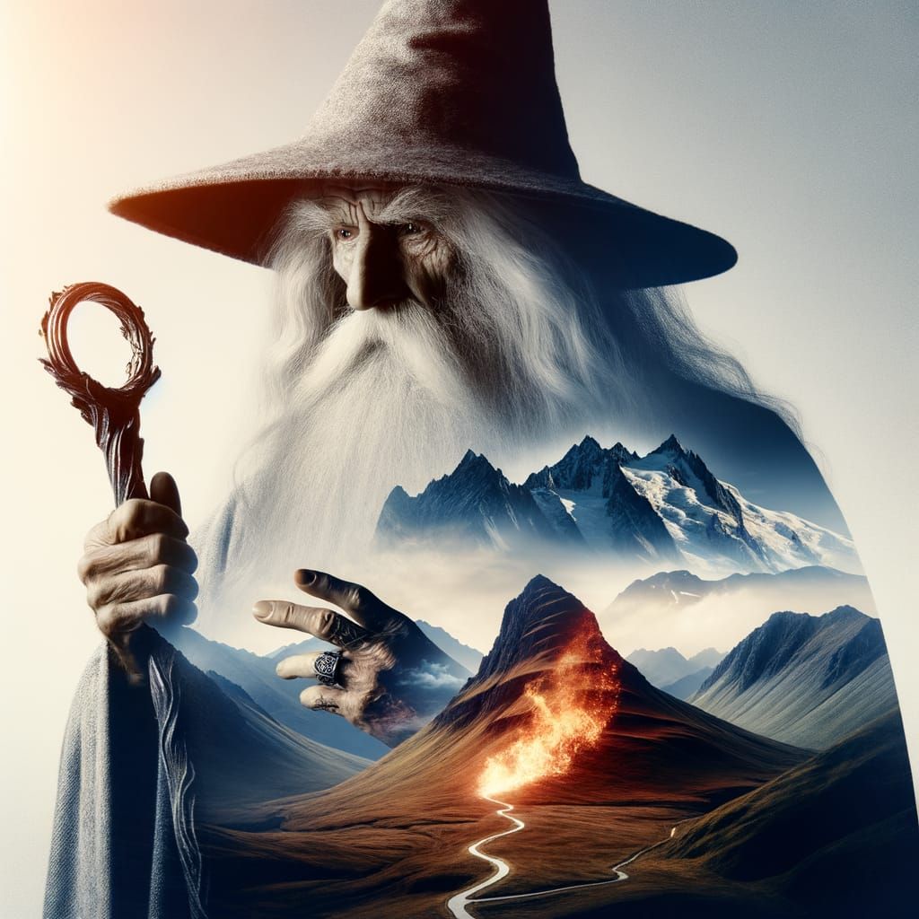 Epic Wizard Double Exposure: Mountains and Dragon