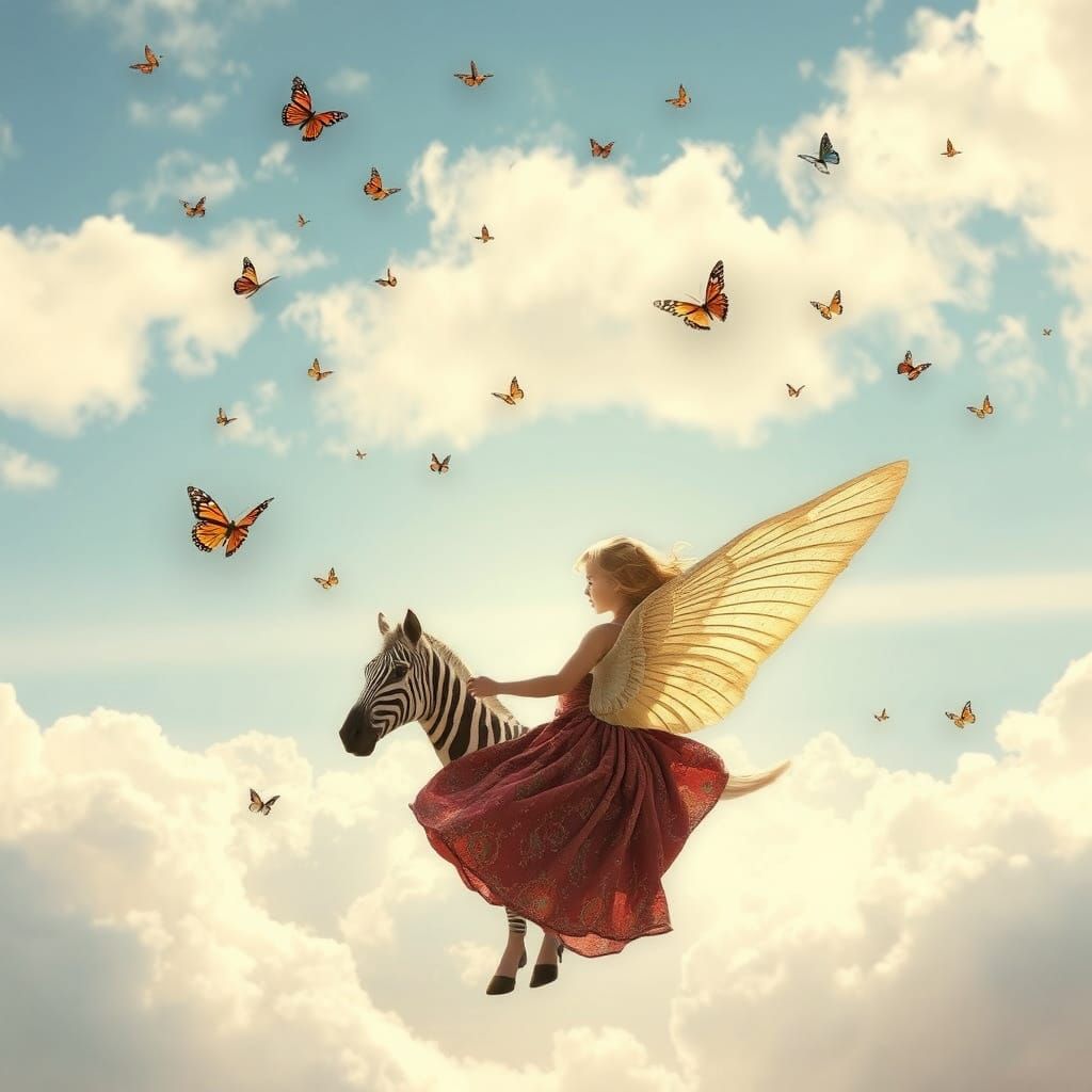 Little Wing in Whimsical Cloudscape with Butterflies and Zeb...
