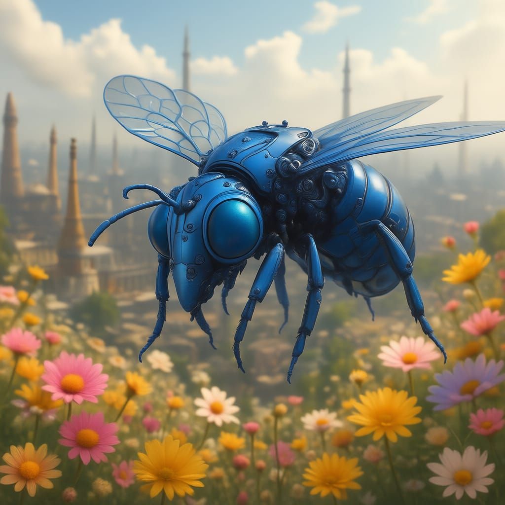 Steampunk Automaton Bee in Whimsical Wildflower Wonderland
