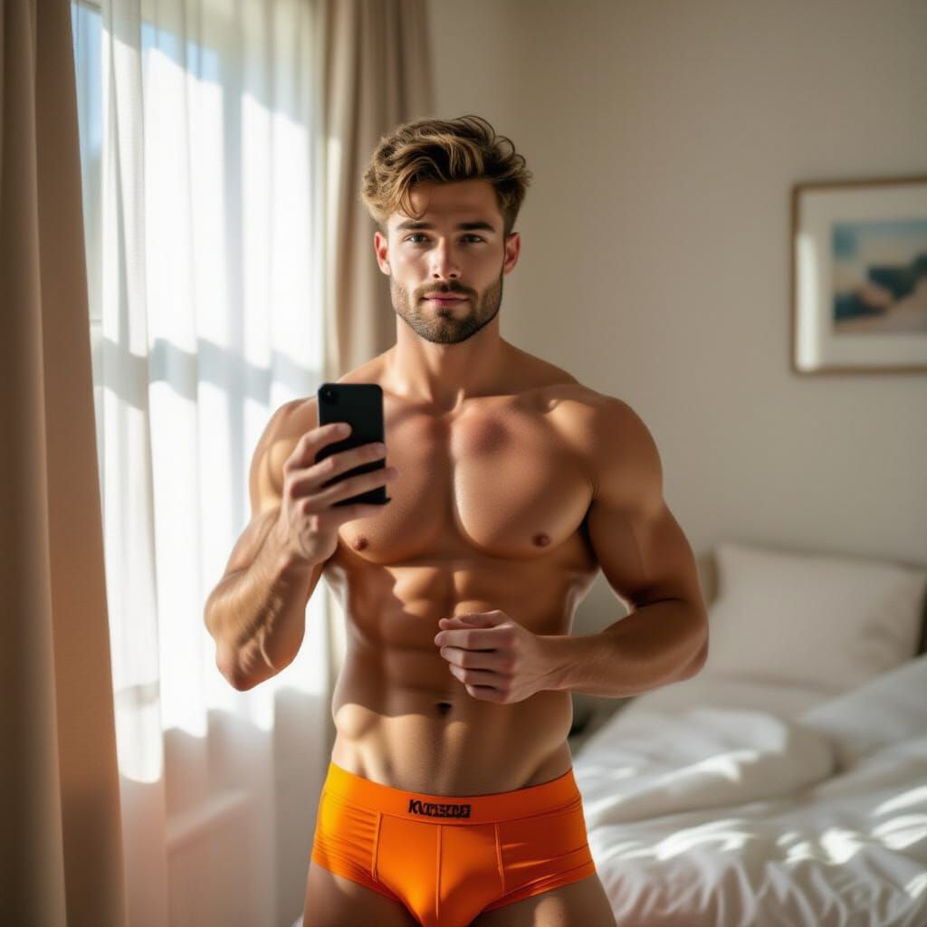Athletic Man Takes Bedroom Selfie, Realistic Style
