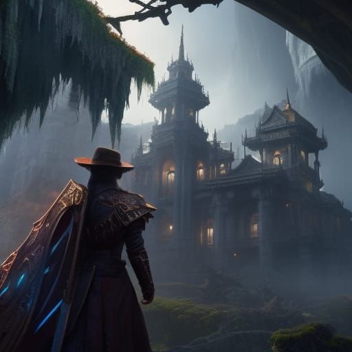 Woman Ascends Stairs as Man Watches: Digital Matte Painting