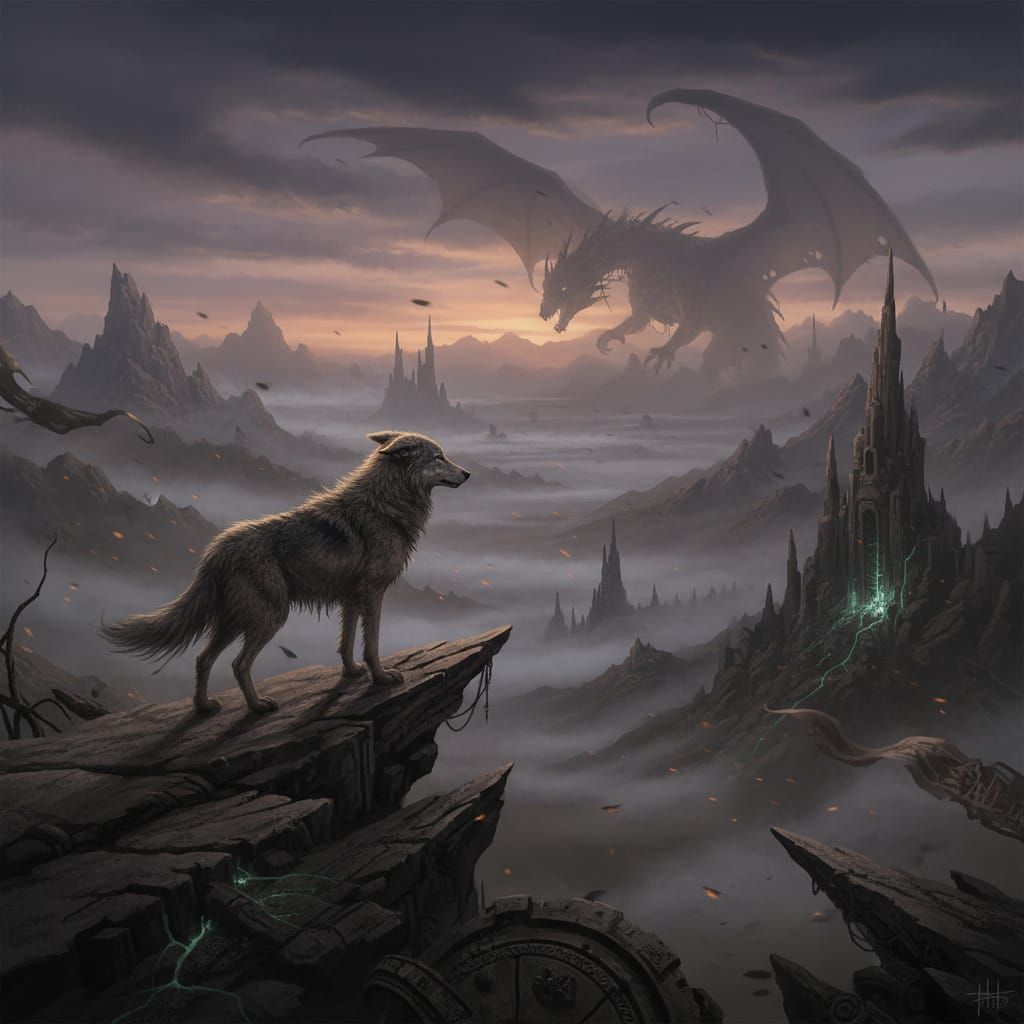 Grizzled Wolf Dog on Cliff Overlooking Dragon Valley