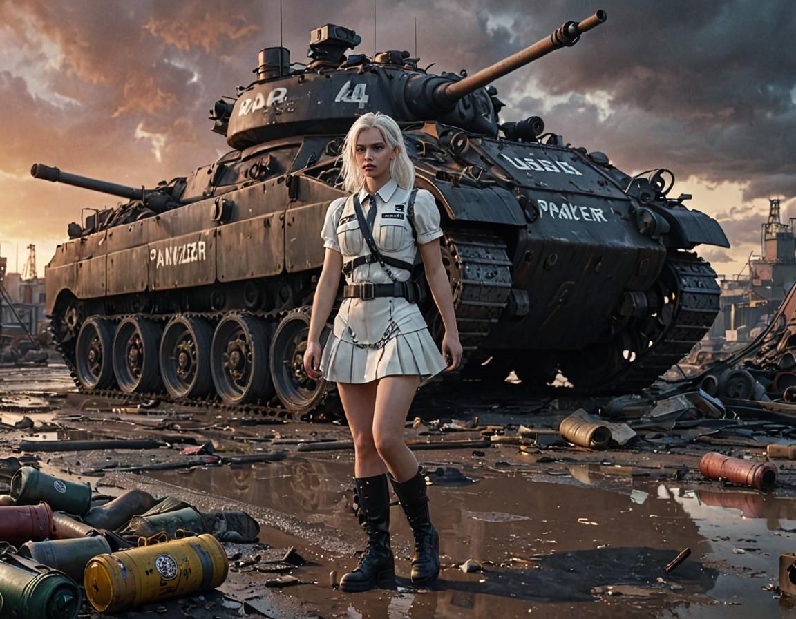 Dieselpunk Soldier Girl with Panzer Tank at Sunset
