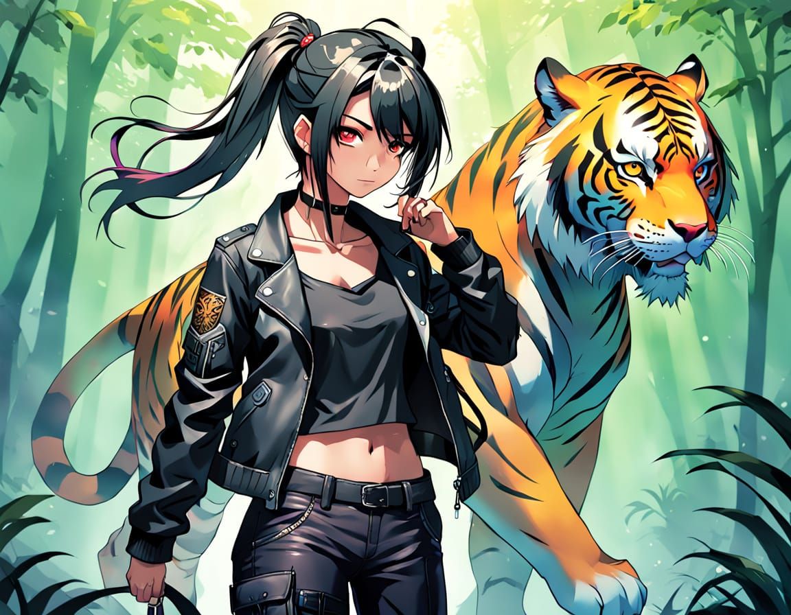 Anime Woman with Tiger Tattoo in Ethereal Glow