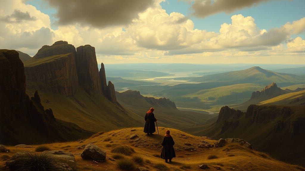 Romantic Landscape Painting with Figures in the Distance