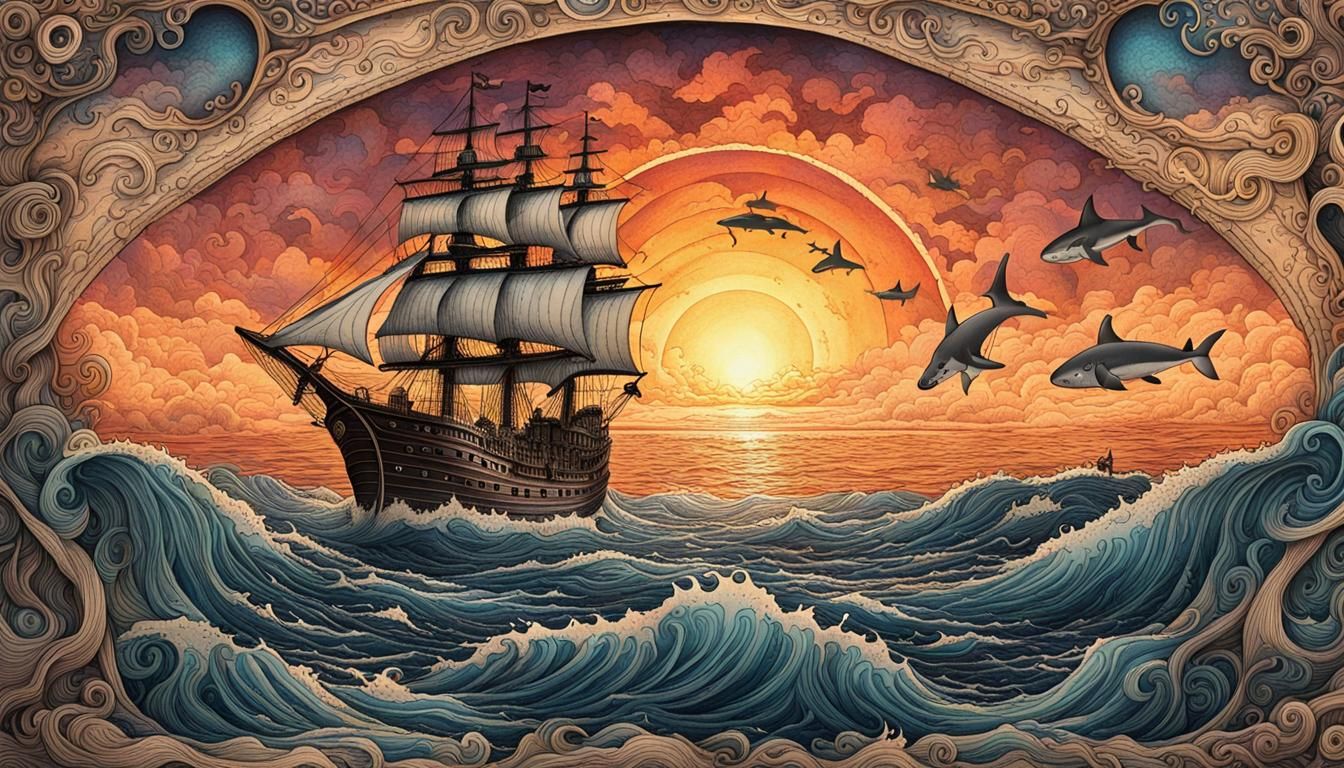 Fantasy Pirate Ship Storybook with Iridescent Sunrise