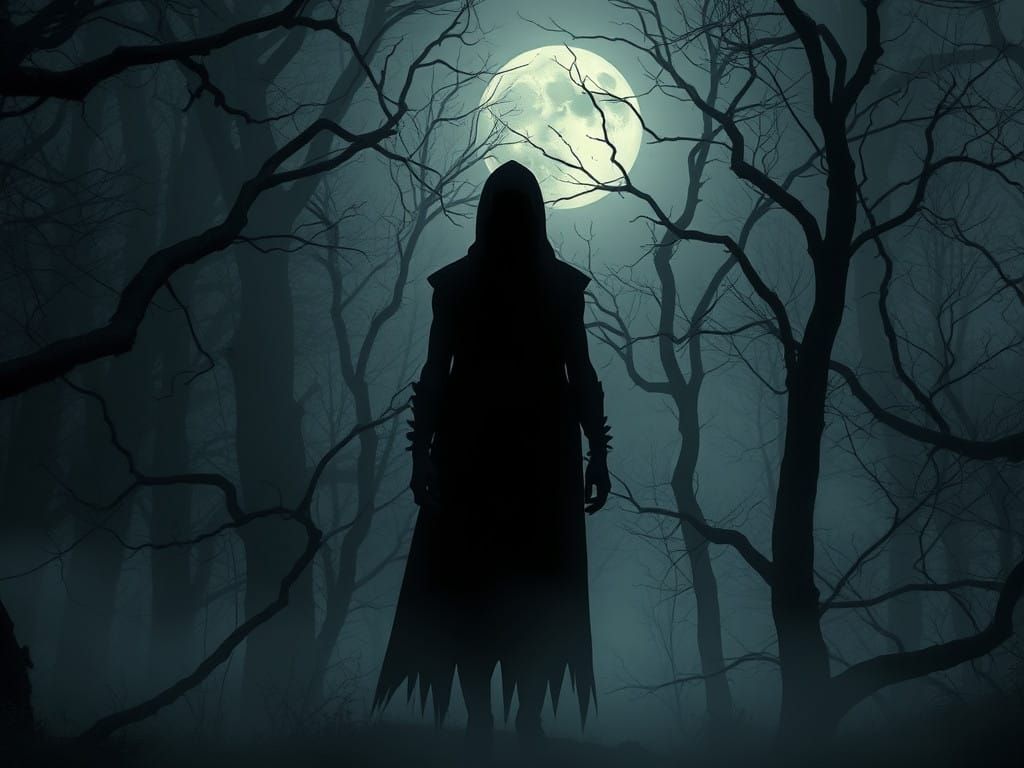 Dark Figure in a Misty Forest Landscape