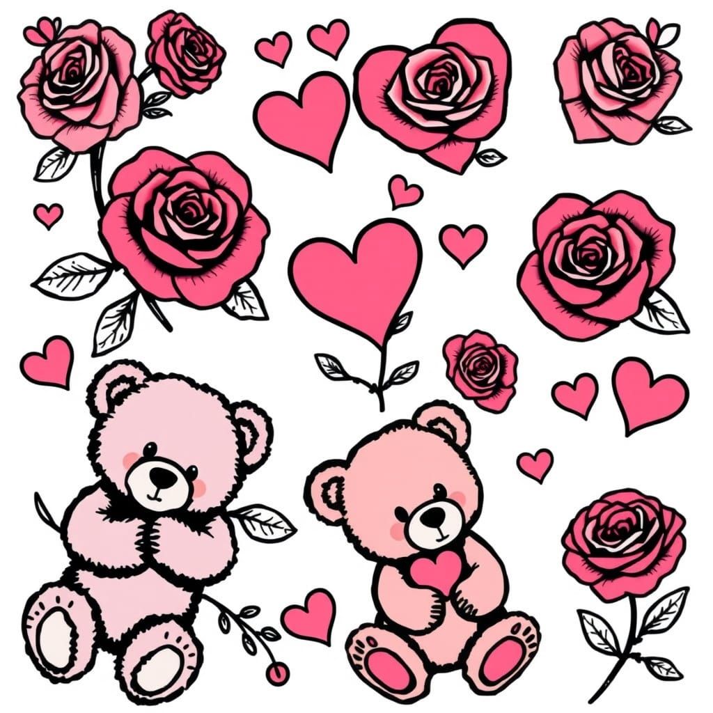 ❤️🐻🌹 Love-Themed Tattoo Sheet