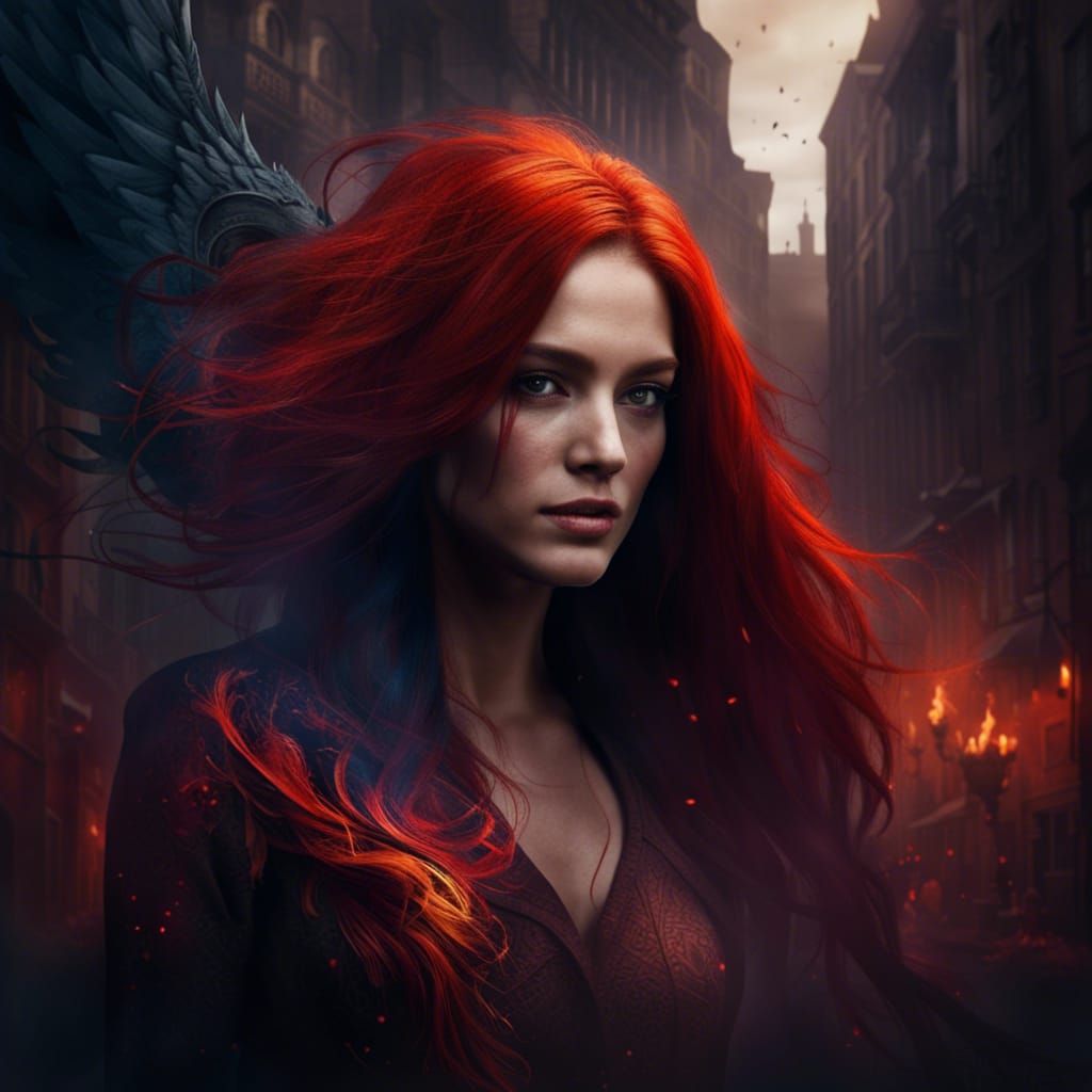 Phoenix Woman in Gotham-like City, Detailed Matte Painting