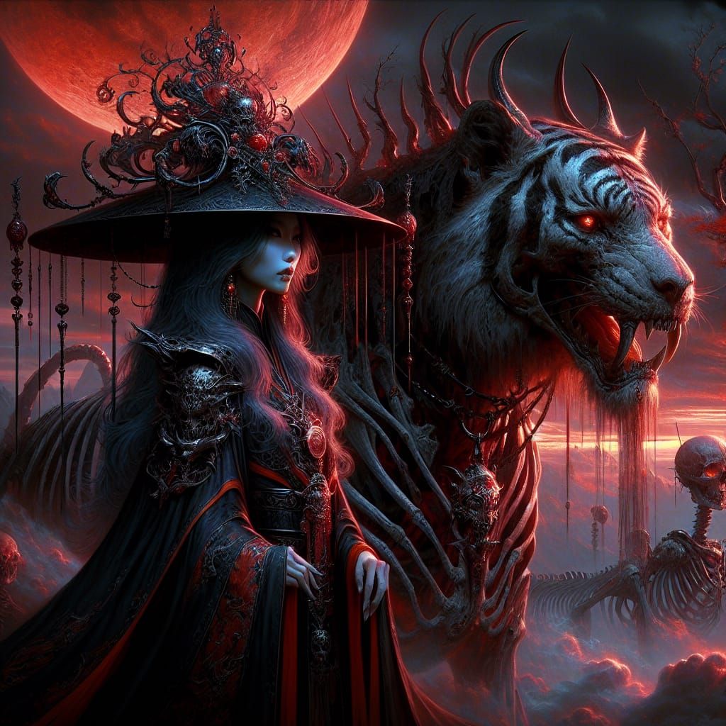 Necromancer and Tigon Under Crimson Moon