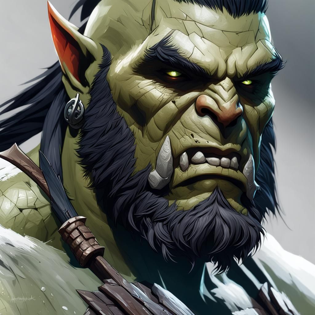 Half-Orc Barbarian Portrait in Hyperdetailed Style