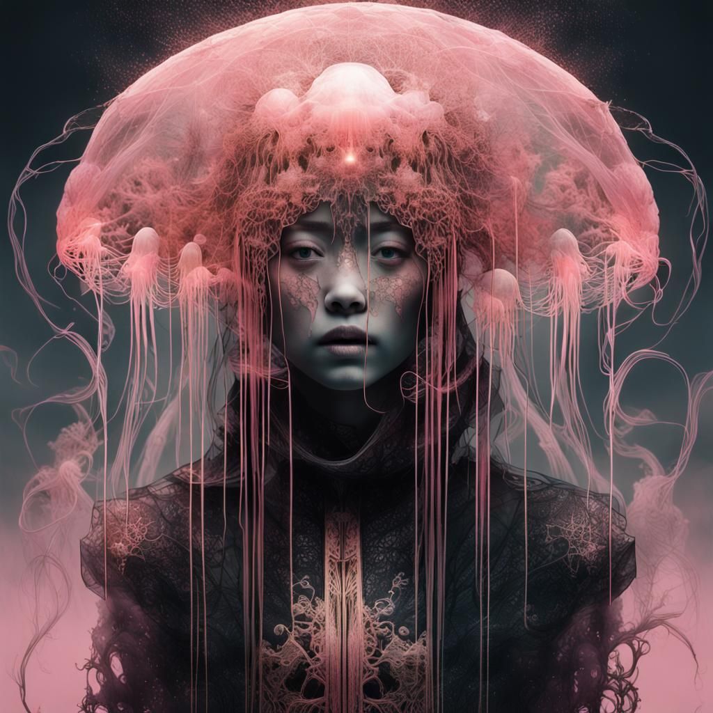 Ghostly Jellyfish Human Portrait in Black and Pink