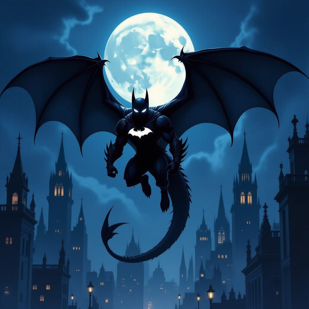Dark Fantasy Dragon Batman Silhouette Over Gothic City