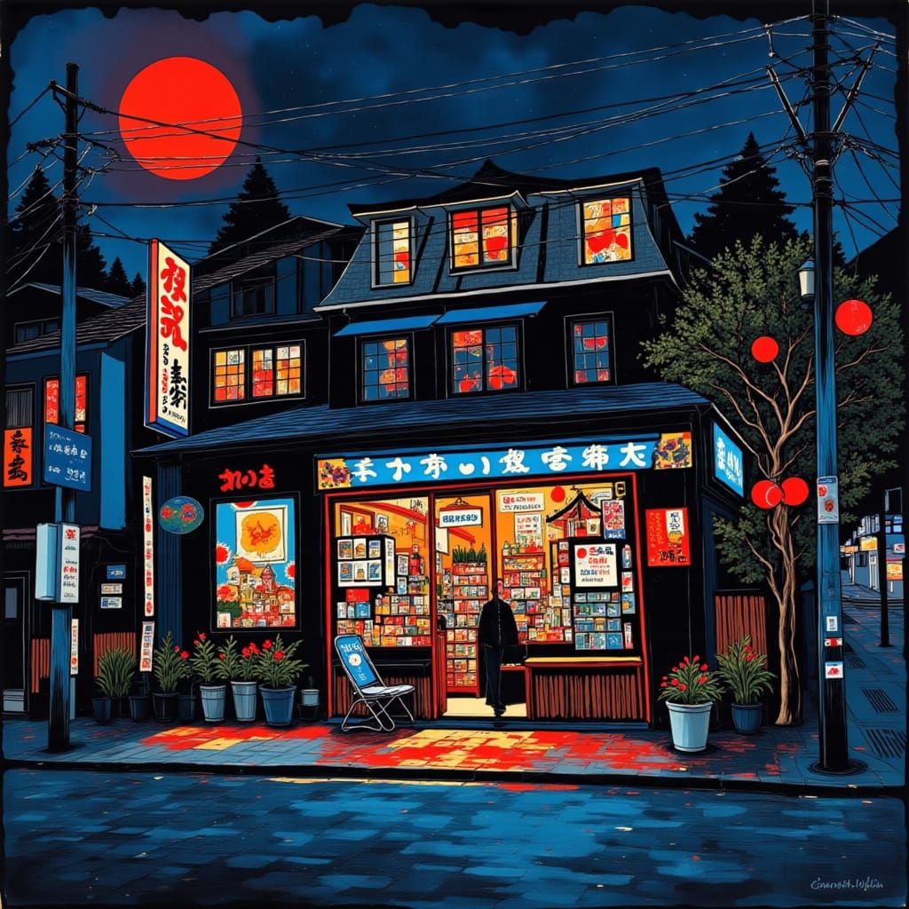Japanese Shop on Night Street in Palekh Style