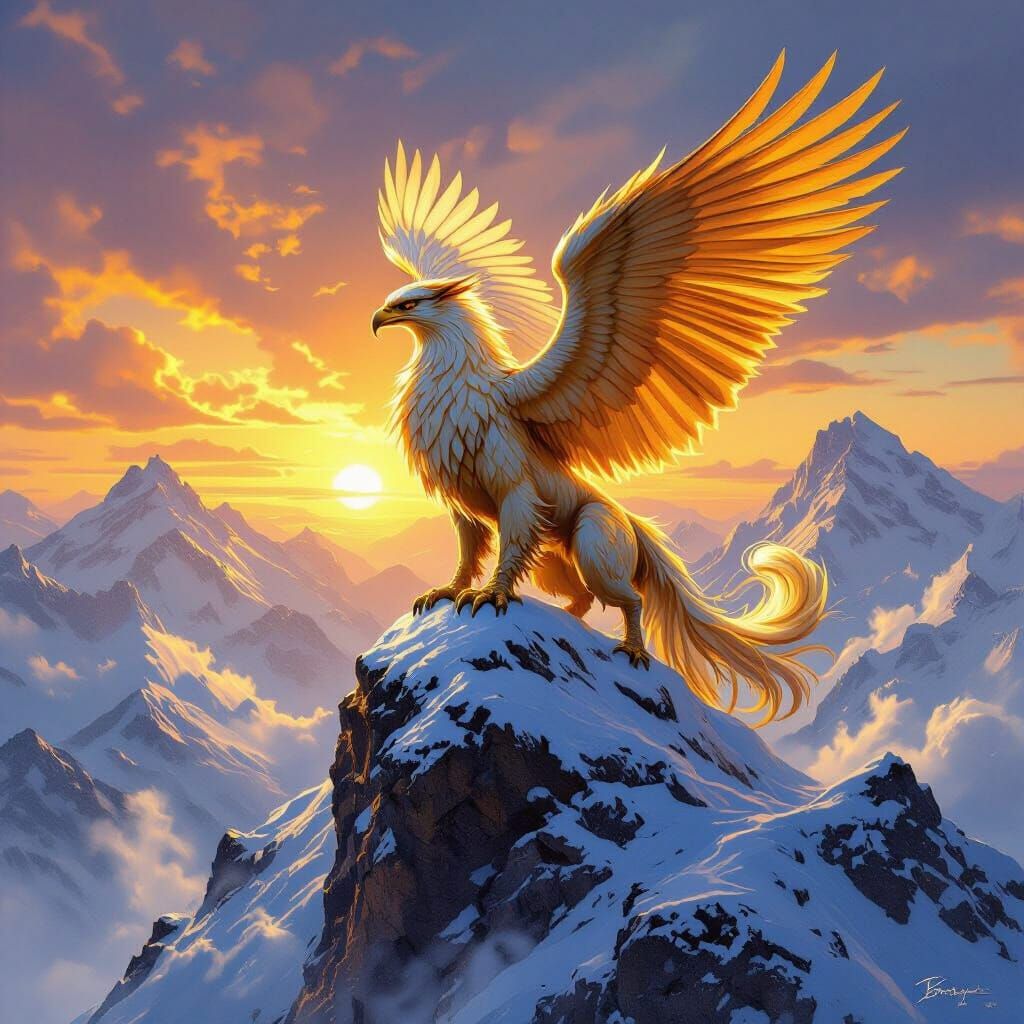 Griffin on Snowy Peak at Sunrise in Fantasy Style