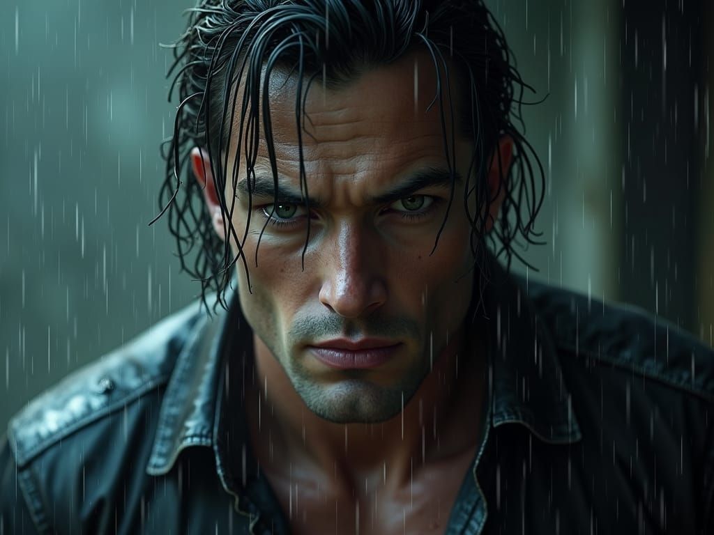 Handsome Man in Heavy Rain: Hyperrealistic Portrait