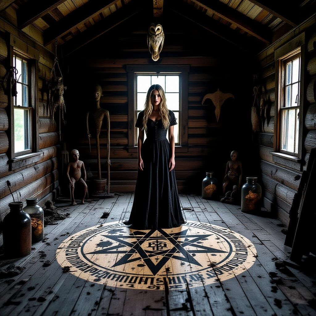 Haunting Cabin Scene with Satanic Symbols