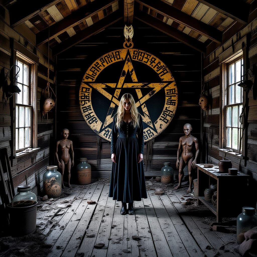 Eerie Cabin Scene with Woman and Satanic Pentagram