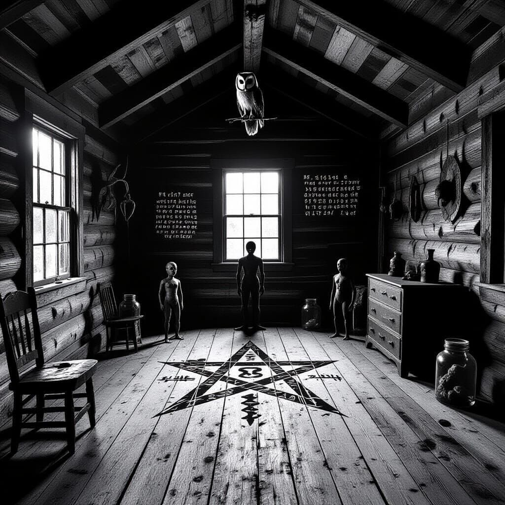 Surreal Horror Scene in Decaying Cabin
