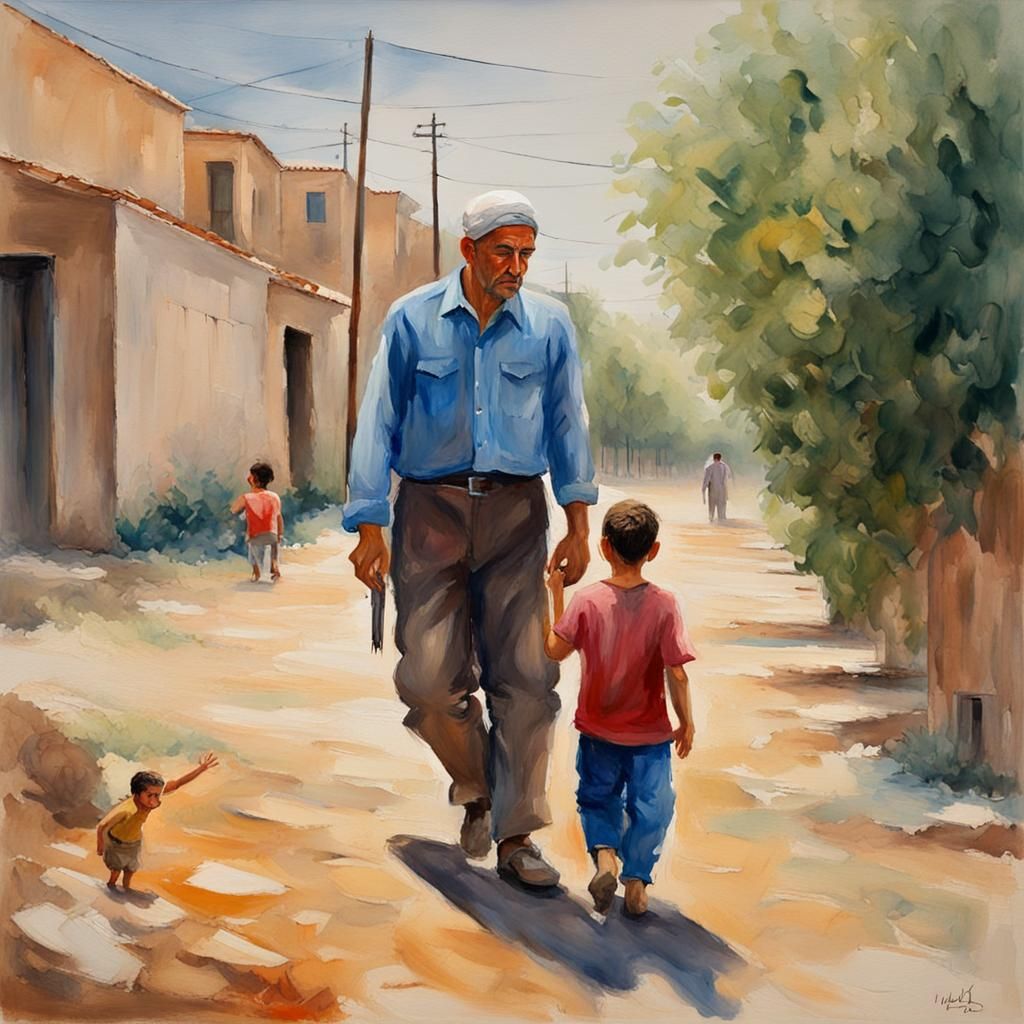 Jewish and Palestinian Men Mourn Child in Gouache Style