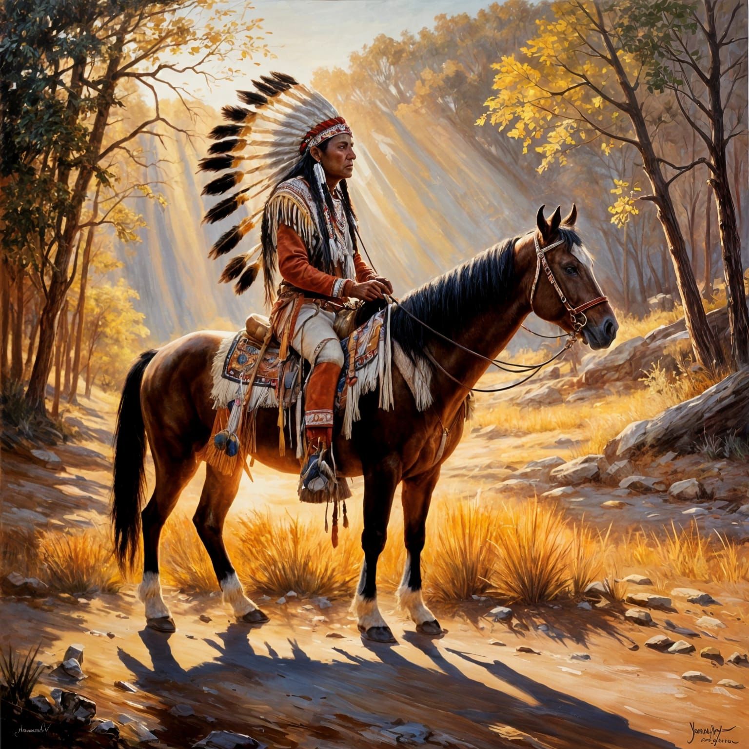 Cherokee Chief Sunset Portrait in Oil Paint Style