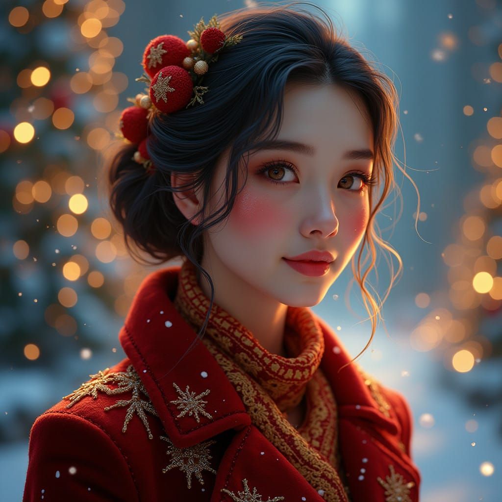 Luxurious Christmas Lady in Velvet Coat and Sparkling Snowfl...