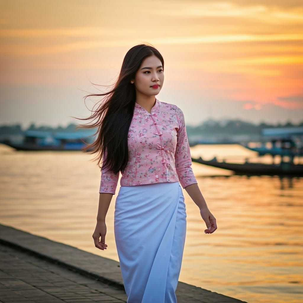 Burmese Woman at Sunset: Cinematic National Geographic Style