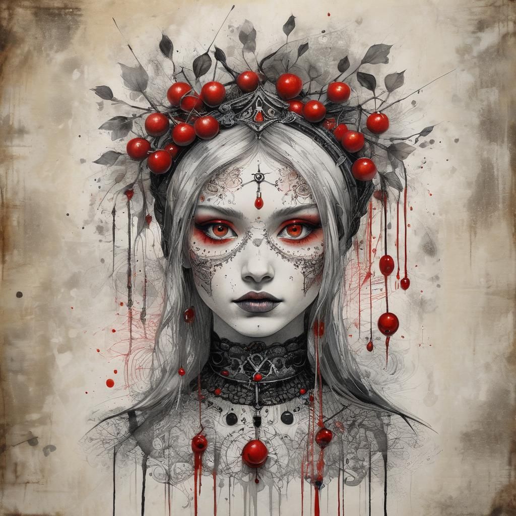 Gothic Cherries Queen Portrait in Red Ink